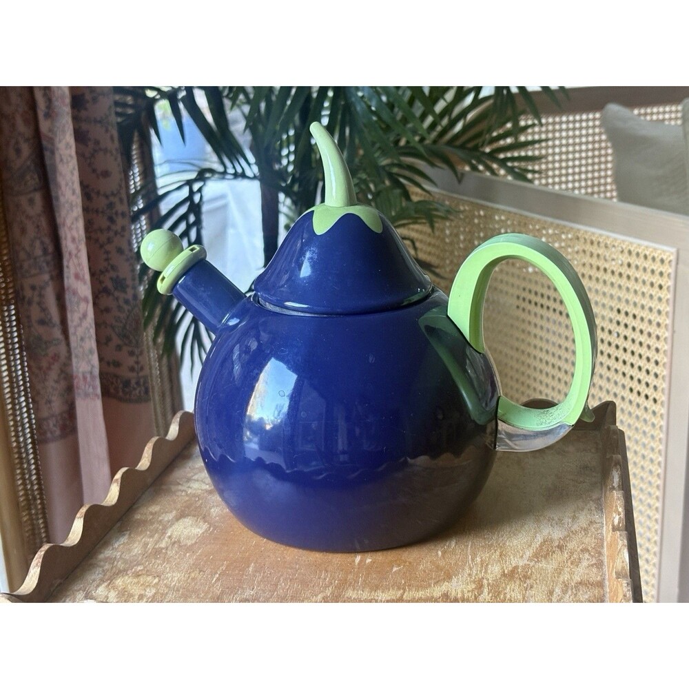 Vintage Eggplant Whistling Tea Kettle Dark Blue/Purple & Lime Green